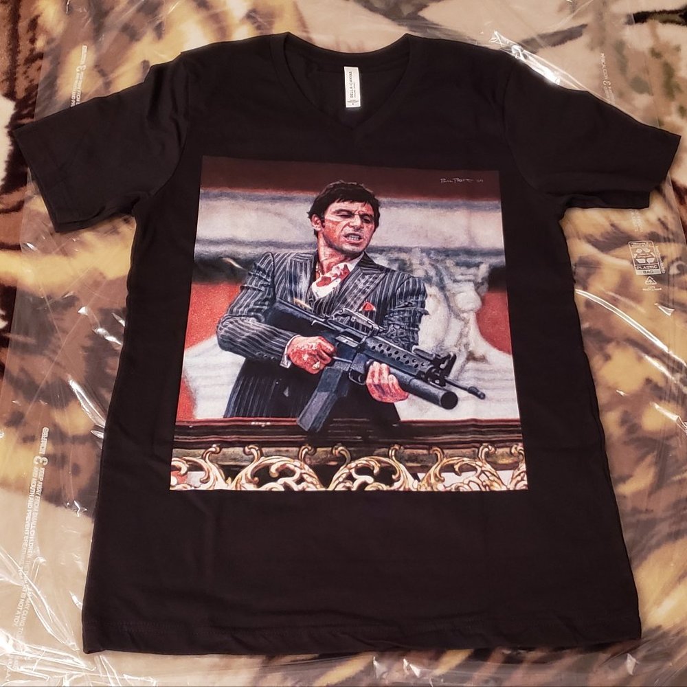 Scarface Tony Montana Machine Gun V Neck T Shirt Men's Size Medium New Rare